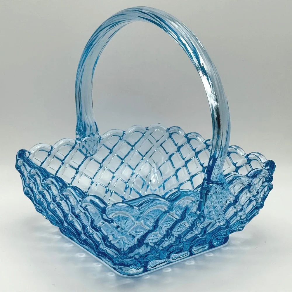 Vintage L.E. Smith Blue Glass Trellis Basket Woven Lattice Handle Cottagecore